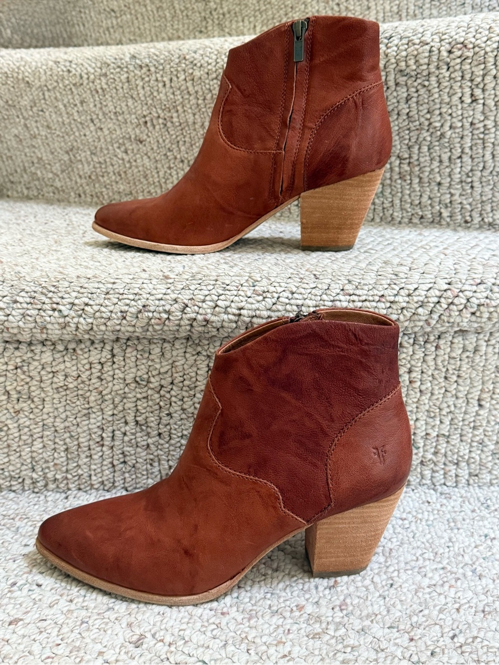Frye Women's Cognac Leather Ankle Booties with Stacked Heel